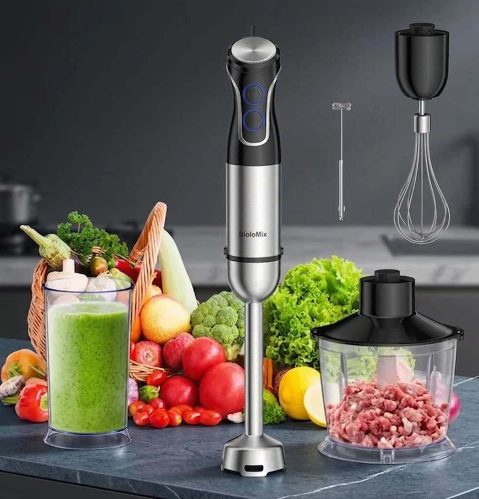 BioloMix BHB1200 Batidora de mano de inmersión 4 en 1 — 1200W, 6 velocidades y turbo